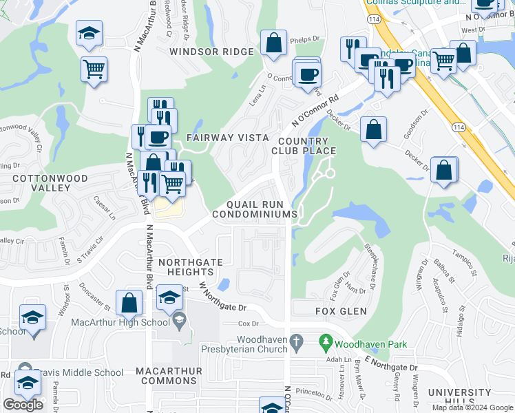 map of restaurants, bars, coffee shops, grocery stores, and more near 4537 North O'Connor Road in Irving