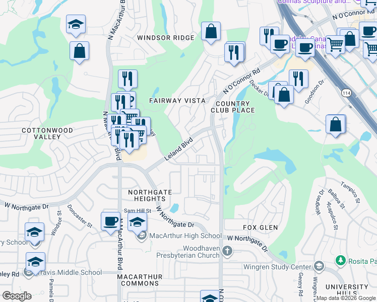map of restaurants, bars, coffee shops, grocery stores, and more near 4537 North O'Connor Road in Irving