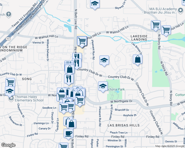 map of restaurants, bars, coffee shops, grocery stores, and more near 3959 Pleasant Run Road in Irving