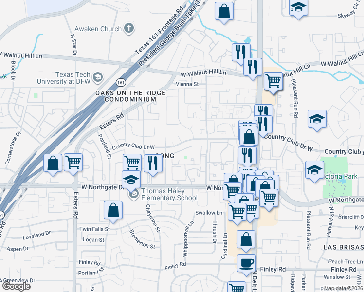 map of restaurants, bars, coffee shops, grocery stores, and more near 700 Country Club Court in Irving