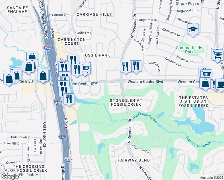 map of restaurants, bars, coffee shops, grocery stores, and more near 3509 Stone Creek Lane North in Fort Worth