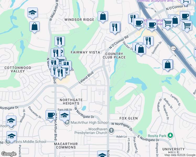 map of restaurants, bars, coffee shops, grocery stores, and more near 4537 North O'Connor Road in Irving