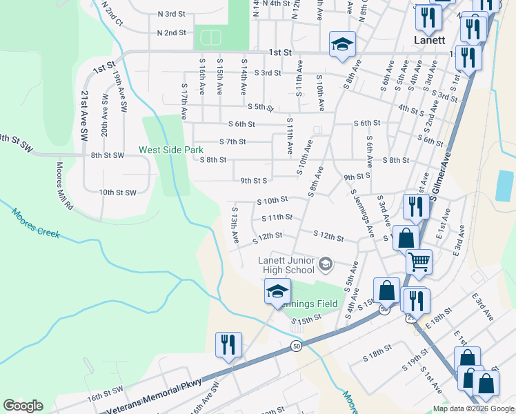 map of restaurants, bars, coffee shops, grocery stores, and more near 825 South 10th Street in Lanett