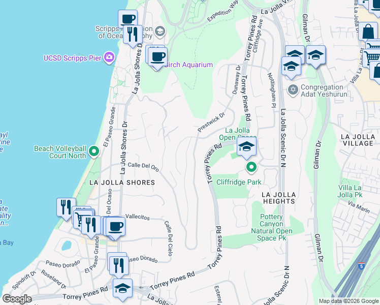 map of restaurants, bars, coffee shops, grocery stores, and more near 8466 Prestwick Drive in San Diego
