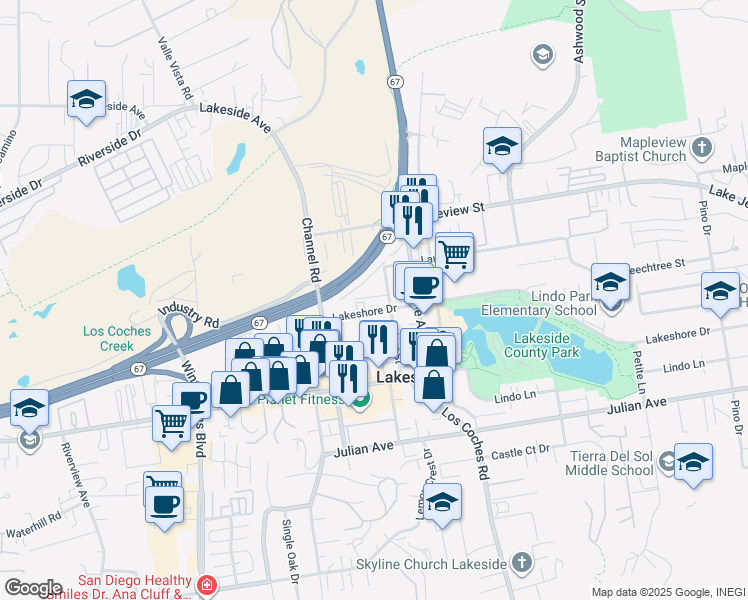 map of restaurants, bars, coffee shops, grocery stores, and more near 12370 Lakeshore Drive in Lakeside