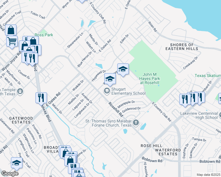 map of restaurants, bars, coffee shops, grocery stores, and more near 4726 Rosehill Road in Garland