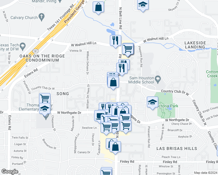 map of restaurants, bars, coffee shops, grocery stores, and more near 3414 Country Club Drive West in Irving