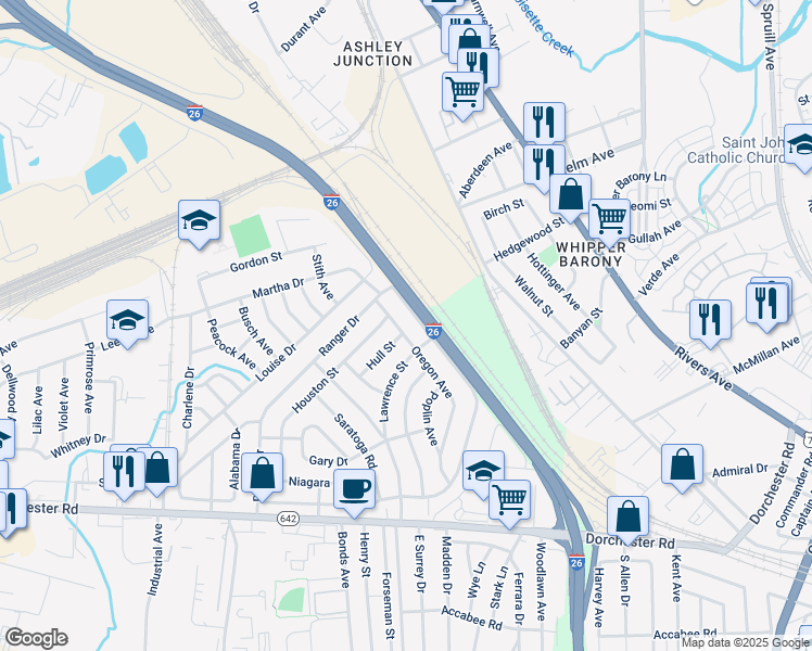 map of restaurants, bars, coffee shops, grocery stores, and more near 2615 Oregon Avenue in North Charleston