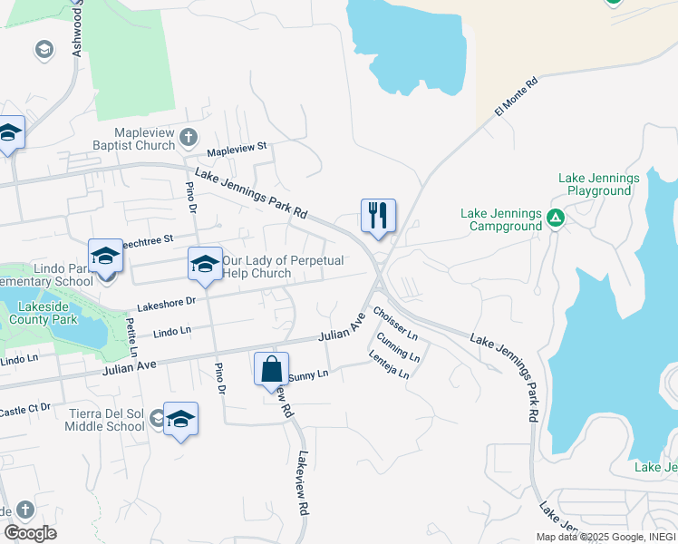 map of restaurants, bars, coffee shops, grocery stores, and more near 13521 Brett Harte Drive in Lakeside