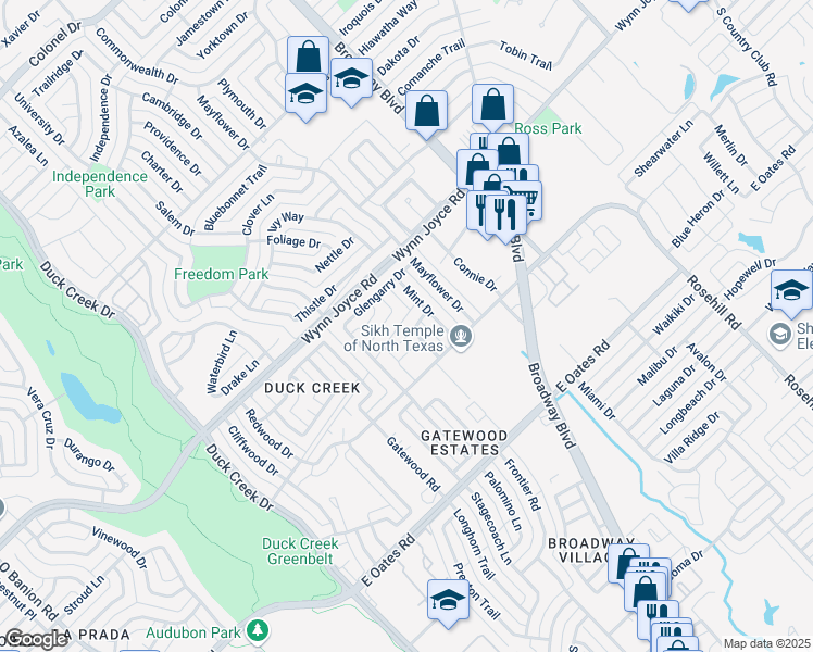 map of restaurants, bars, coffee shops, grocery stores, and more near 429 Peaceful Drive in Garland
