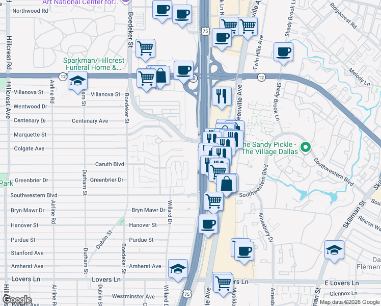 map of restaurants, bars, coffee shops, grocery stores, and more near 5500 Caruth Haven Lane in Dallas