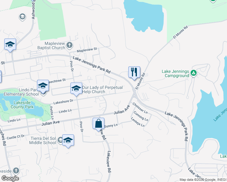 map of restaurants, bars, coffee shops, grocery stores, and more near 9907 Saddleback Drive in Lakeside
