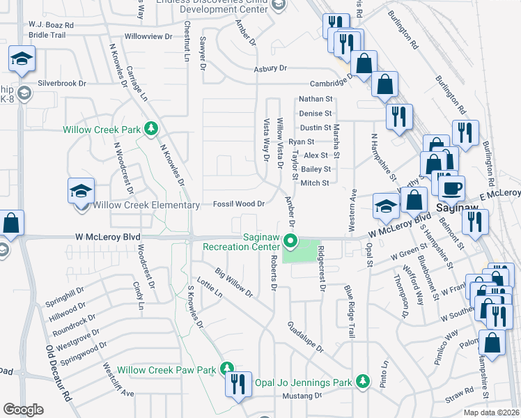 map of restaurants, bars, coffee shops, grocery stores, and more near 633 Fossil Wood Drive in Saginaw