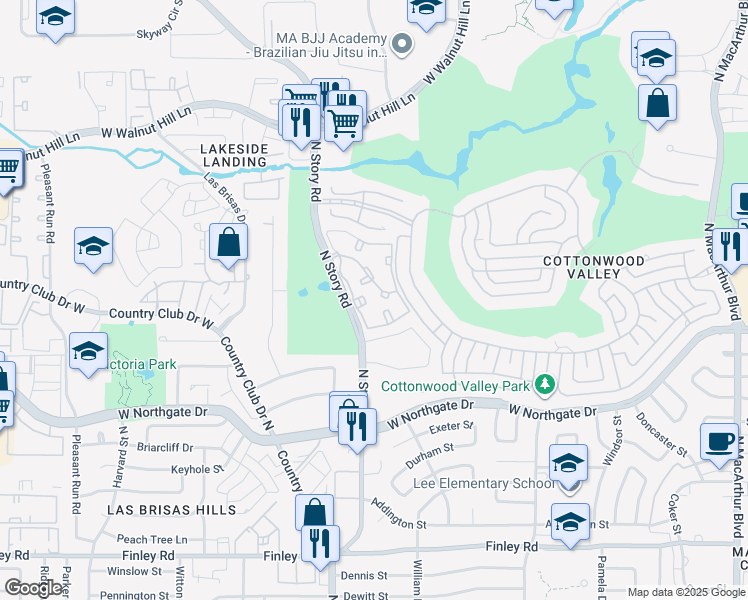 map of restaurants, bars, coffee shops, grocery stores, and more near 3950 North Story Road in Irving