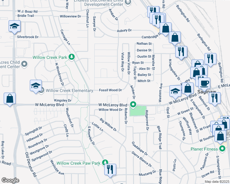 map of restaurants, bars, coffee shops, grocery stores, and more near 645 Fossil Wood Drive in Saginaw