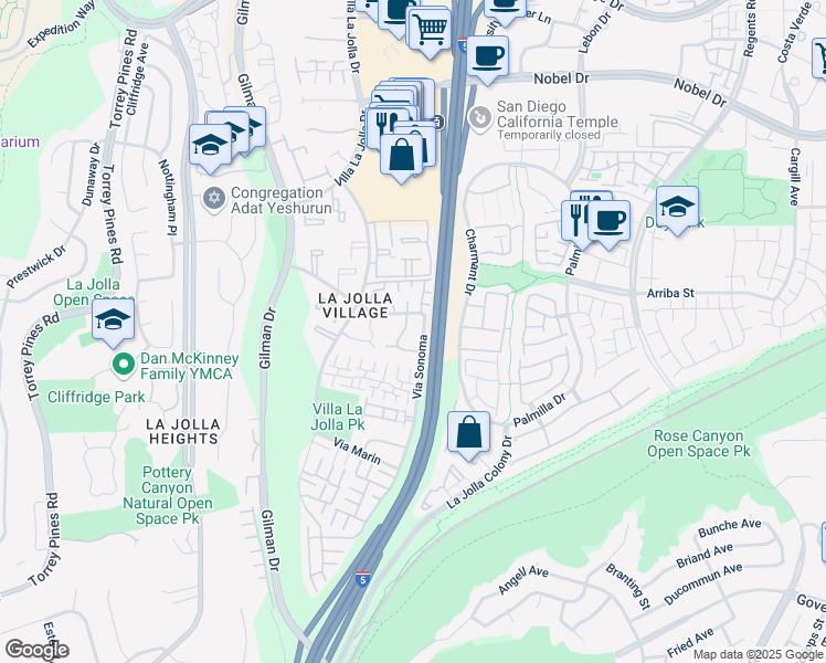 map of restaurants, bars, coffee shops, grocery stores, and more near 8470 Via Sonoma in San Diego