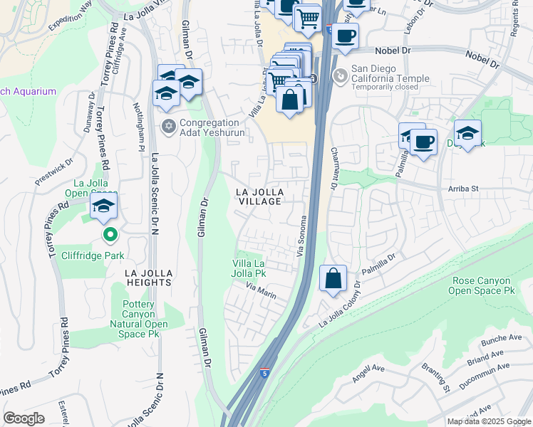 map of restaurants, bars, coffee shops, grocery stores, and more near 3254 Via Alicante in San Diego