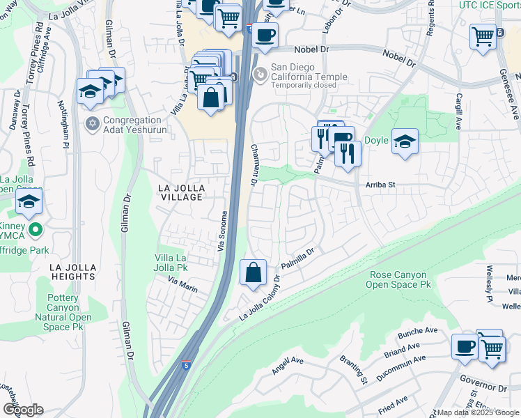 map of restaurants, bars, coffee shops, grocery stores, and more near 7039 Charmant Drive in San Diego
