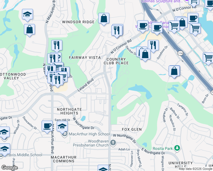 map of restaurants, bars, coffee shops, grocery stores, and more near 4509 North O'Connor Road in Irving
