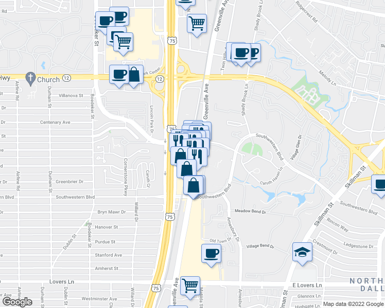 map of restaurants, bars, coffee shops, grocery stores, and more near 6123 Greenville Avenue in Dallas