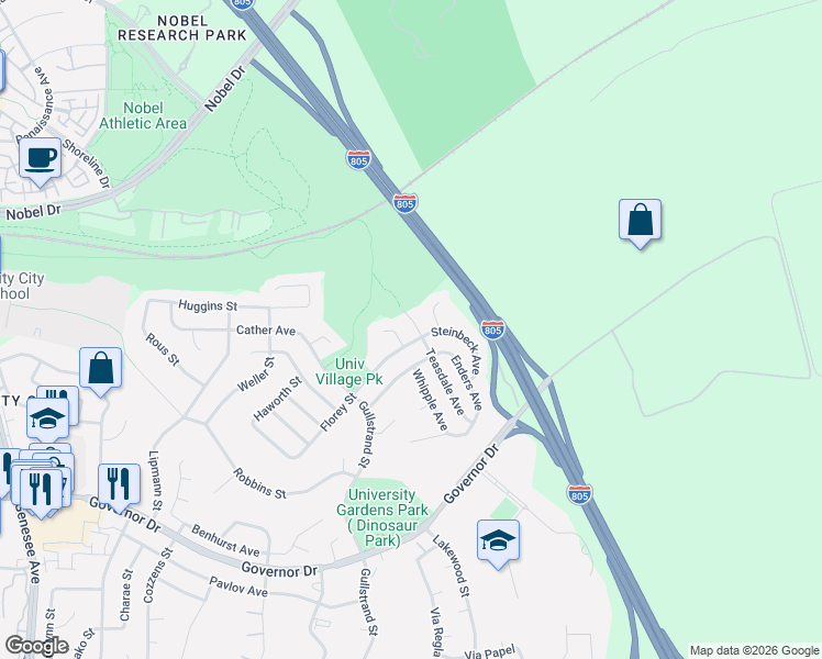 map of restaurants, bars, coffee shops, grocery stores, and more near 7431 Teasdale Avenue in San Diego