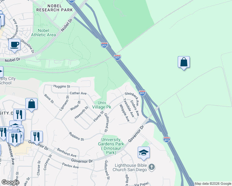 map of restaurants, bars, coffee shops, grocery stores, and more near 7431 Teasdale Avenue in San Diego