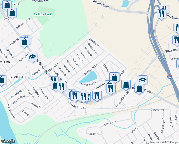 map of restaurants, bars, coffee shops, grocery stores, and more near 4120 Bonaparte Drive in North Charleston