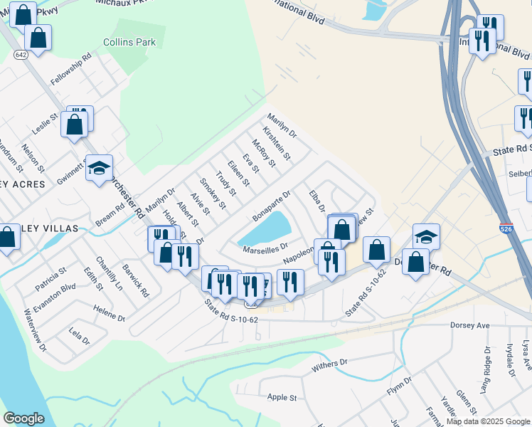 map of restaurants, bars, coffee shops, grocery stores, and more near 4120 Bonaparte Drive in North Charleston