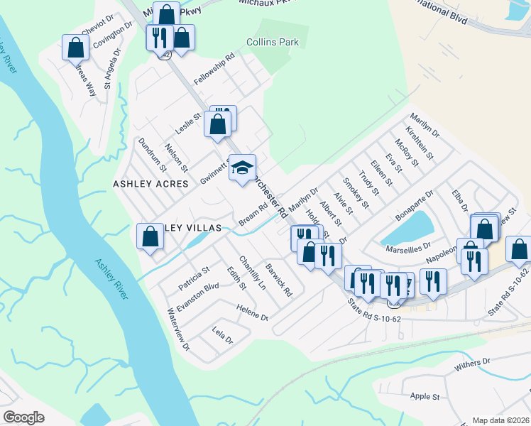 map of restaurants, bars, coffee shops, grocery stores, and more near 11 Bream Road in North Charleston
