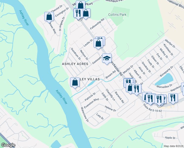 map of restaurants, bars, coffee shops, grocery stores, and more near 5582 Betty Court in North Charleston