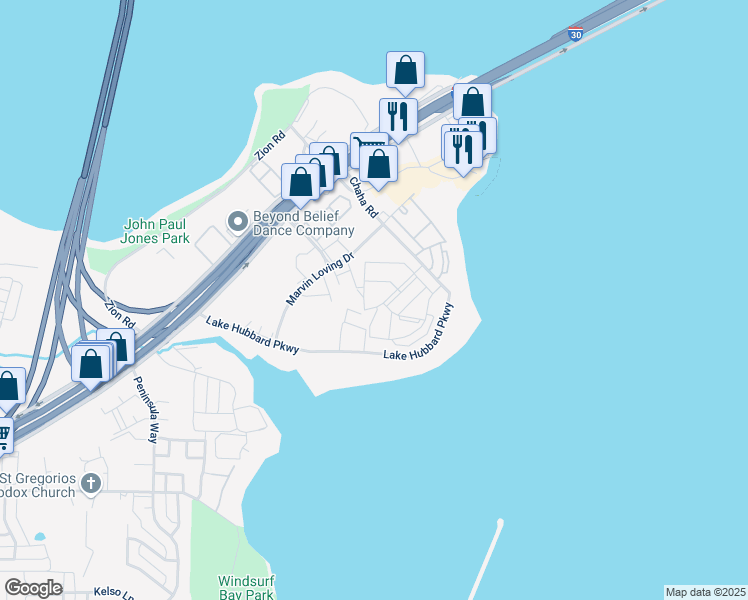 map of restaurants, bars, coffee shops, grocery stores, and more near 6015 Bay Island Drive in Garland