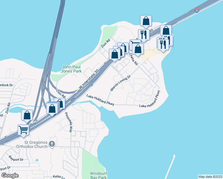 map of restaurants, bars, coffee shops, grocery stores, and more near 5821 Marvin Loving Drive in Garland