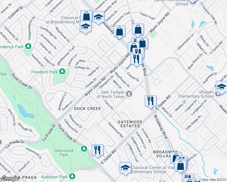 map of restaurants, bars, coffee shops, grocery stores, and more near 429 Peaceful Drive in Garland