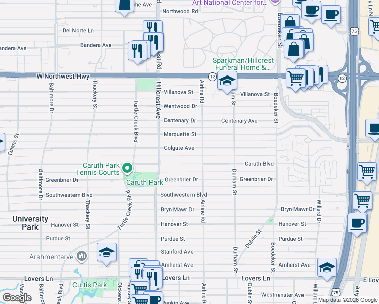 map of restaurants, bars, coffee shops, grocery stores, and more near 3224 Colgate Avenue in Dallas