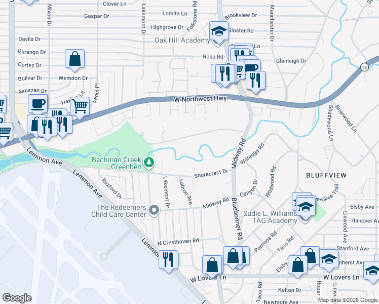 map of restaurants, bars, coffee shops, grocery stores, and more near 4110 Cochran Chapel Road in Dallas