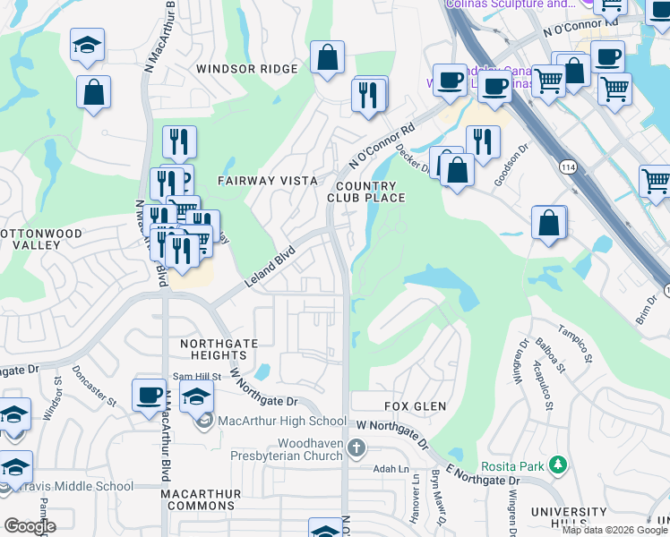 map of restaurants, bars, coffee shops, grocery stores, and more near 4509 North O'Connor Road in Irving