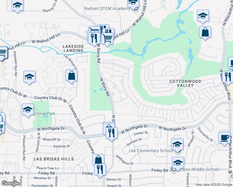map of restaurants, bars, coffee shops, grocery stores, and more near 4010 North Story Road in Irving