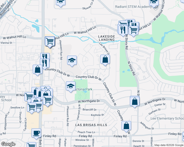 map of restaurants, bars, coffee shops, grocery stores, and more near 2602 Encina Drive in Irving