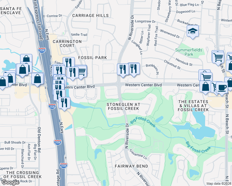 map of restaurants, bars, coffee shops, grocery stores, and more near 3532 Stone Creek Lane North in Fort Worth