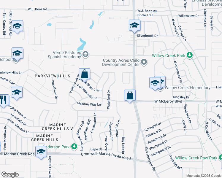 map of restaurants, bars, coffee shops, grocery stores, and more near 4621 Waterford Drive in Fort Worth