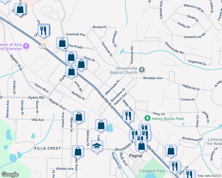 map of restaurants, bars, coffee shops, grocery stores, and more near 198 Albermarle Place in Macon