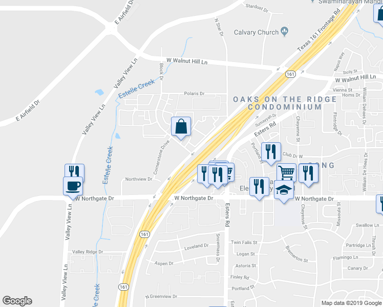map of restaurants, bars, coffee shops, grocery stores, and more near 3605 Block Drive in Irving