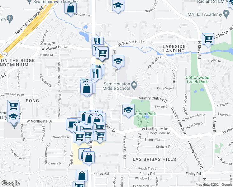 map of restaurants, bars, coffee shops, grocery stores, and more near 3959 Pleasant Run Road in Irving