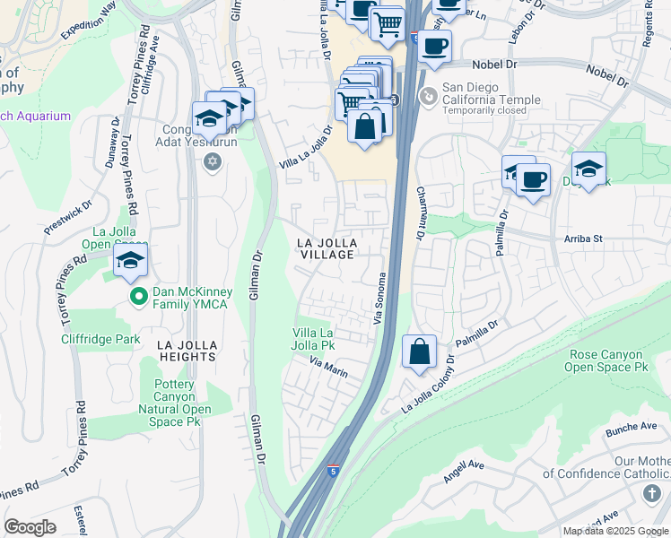 map of restaurants, bars, coffee shops, grocery stores, and more near 8461 Via Mallorca in San Diego