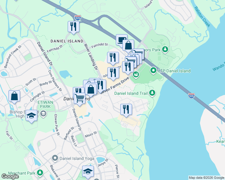 map of restaurants, bars, coffee shops, grocery stores, and more near 211 Seven Farms Drive in Charleston