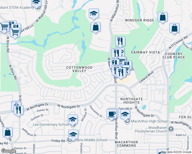 map of restaurants, bars, coffee shops, grocery stores, and more near 1221 Cottonwood Valley Drive in Irving