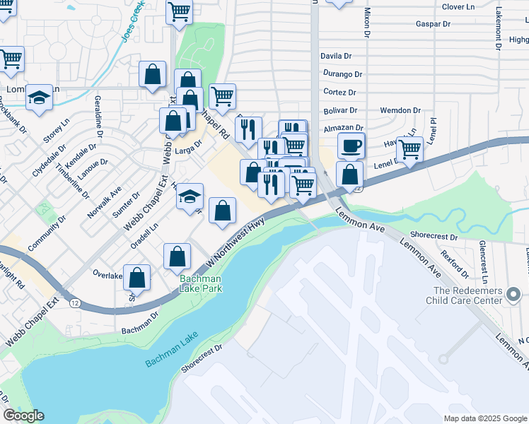 map of restaurants, bars, coffee shops, grocery stores, and more near 3625 West Northwest Highway in Dallas