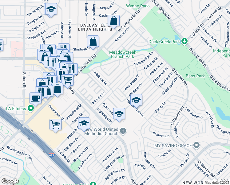 map of restaurants, bars, coffee shops, grocery stores, and more near 469 Brookview Drive in Garland