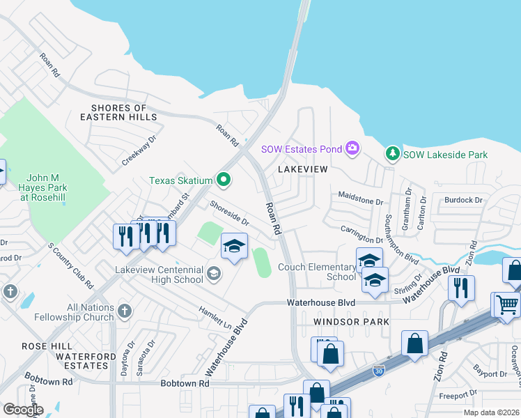 map of restaurants, bars, coffee shops, grocery stores, and more near 3401 Roan Road in Garland