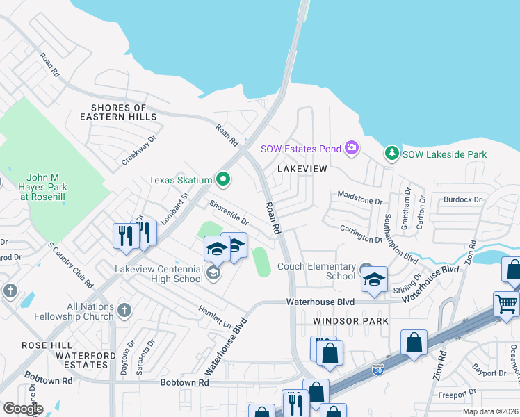 map of restaurants, bars, coffee shops, grocery stores, and more near 3401 Roan Road in Garland